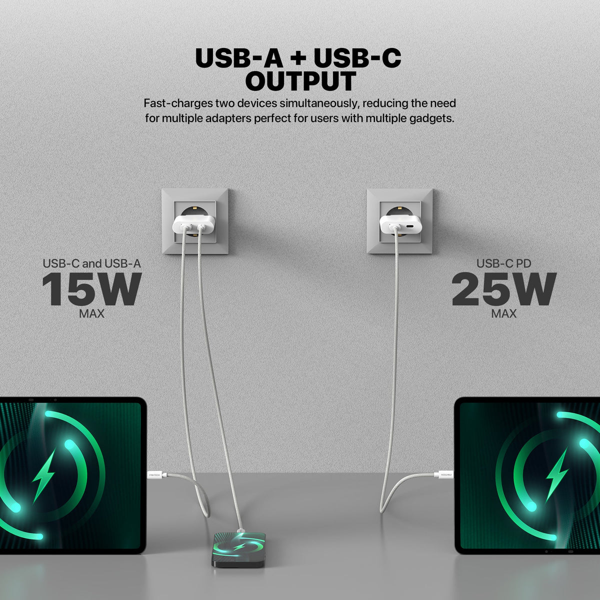 Fantech powerplus pps251 25w gan fast charger – dual-port usb-c & usb-a pd + qc wall charger ultra-slim compact design