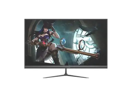Black-framed monitor displaying a fantasy game character on its screen.
