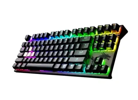 Black mechanical gaming keyboard with rgb backlighting and a dragon logo on the lower right.