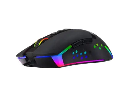Black gaming mouse with rgb lighting and a sleek, ergonomic design.