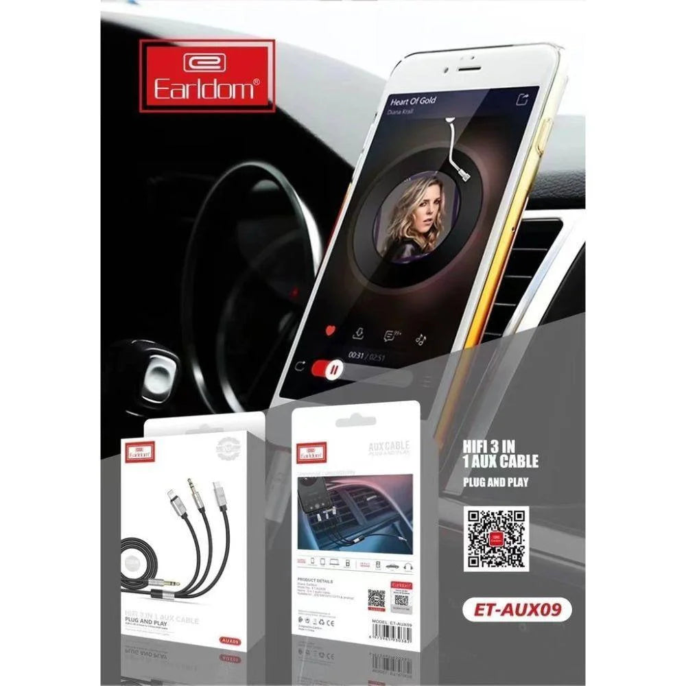 Earldom 3x1 type c aux cable et-aux09 1000ml black/silver - cables & chargers | charging cables & adapters