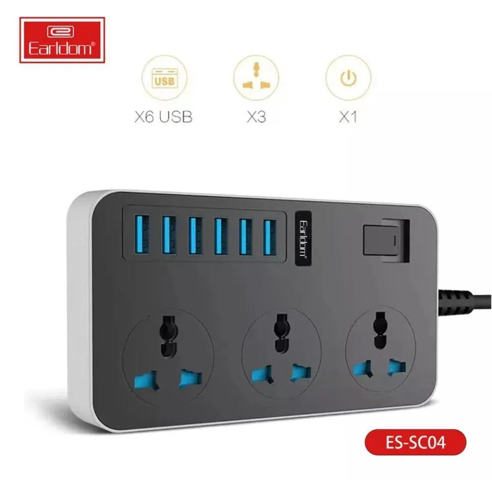 Earldom sc04 power socket 3000w with 6 usb ports and 3 power sockets - 200cm - cables & chargers | power socket