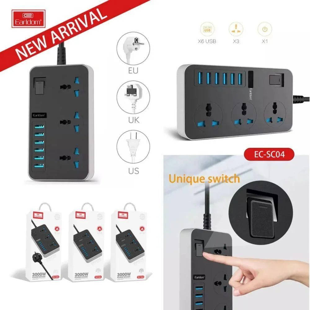 Earldom sc04 power socket 3000w with 6 usb ports and 3 power sockets - 200cm - cables & chargers | power socket