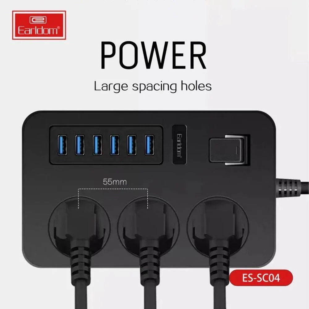 Earldom sc04 power socket 3000w with 6 usb ports and 3 power sockets - 200cm - cables & chargers | power socket