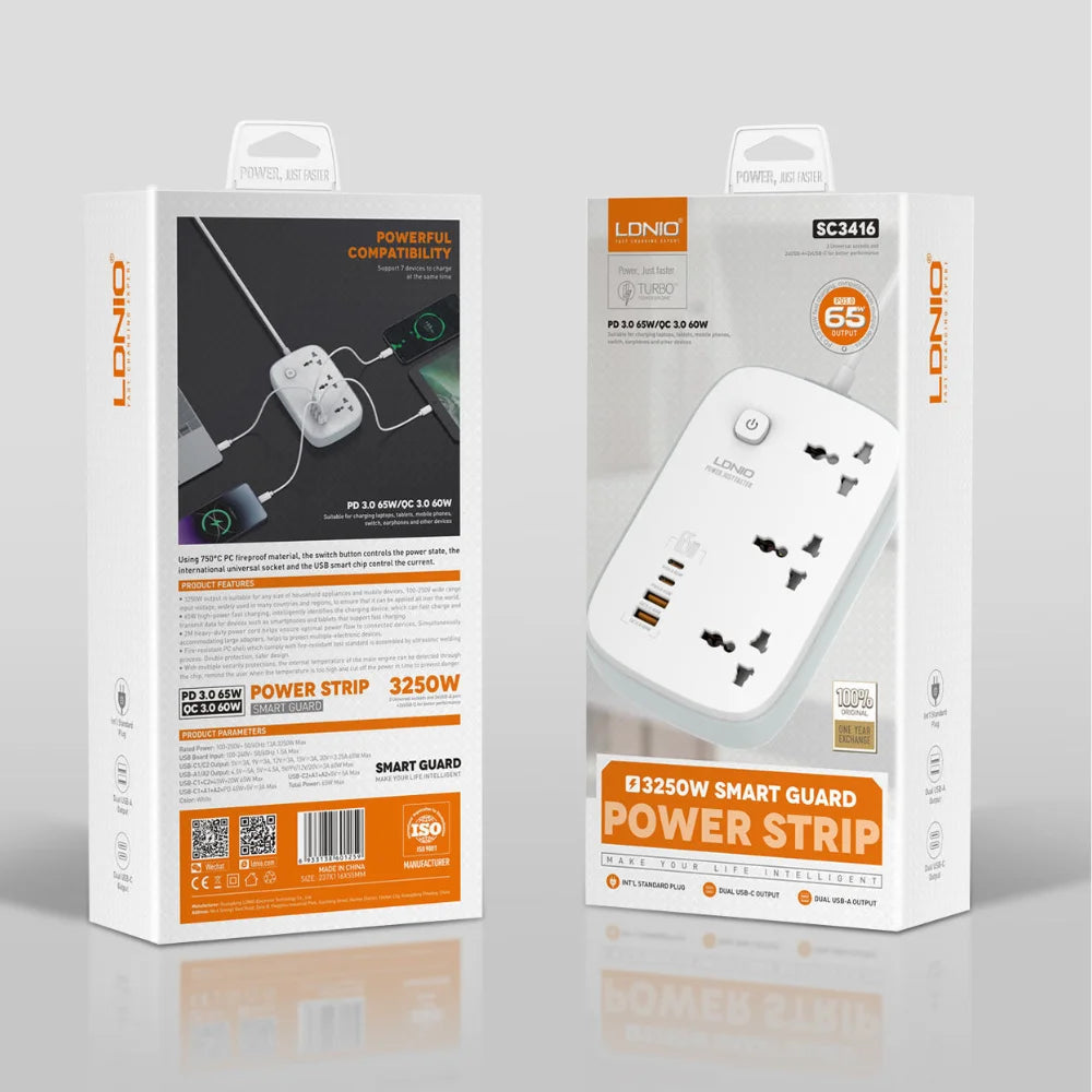 Ldnio sc3416 65w gan charger with uk/us/eu plug - cables & chargers | power socket