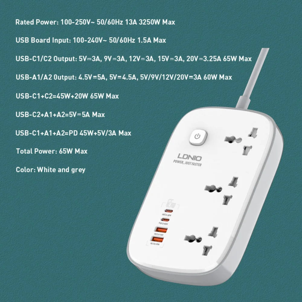 Ldnio sc3416 65w gan charger with uk/us/eu plug - cables & chargers | power socket