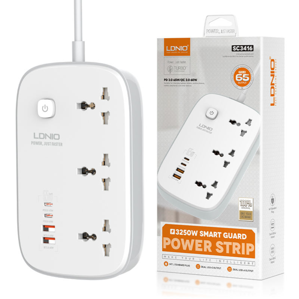 Ldnio sc3416 65w gan charger with uk/us/eu plug - cables & chargers | power socket
