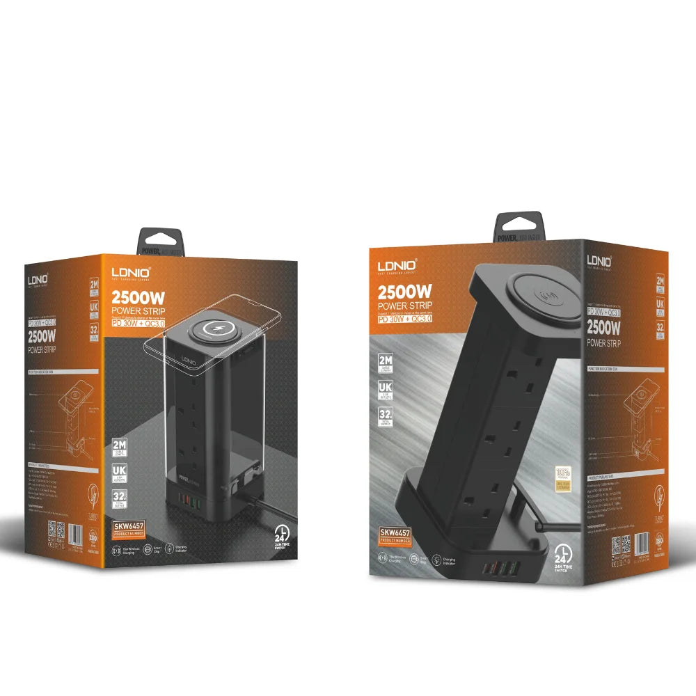 Ldnio tower extension lead 2m with 6 sockets 4 usb slots & wireless charger uk - cables & chargers | power socket