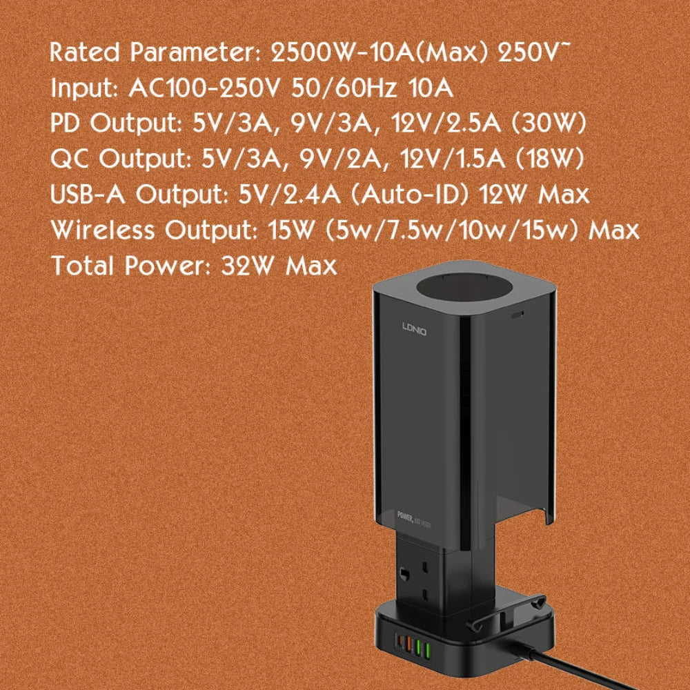 Ldnio tower extension lead 2m with 6 sockets 4 usb slots & wireless charger uk - cables & chargers | power socket
