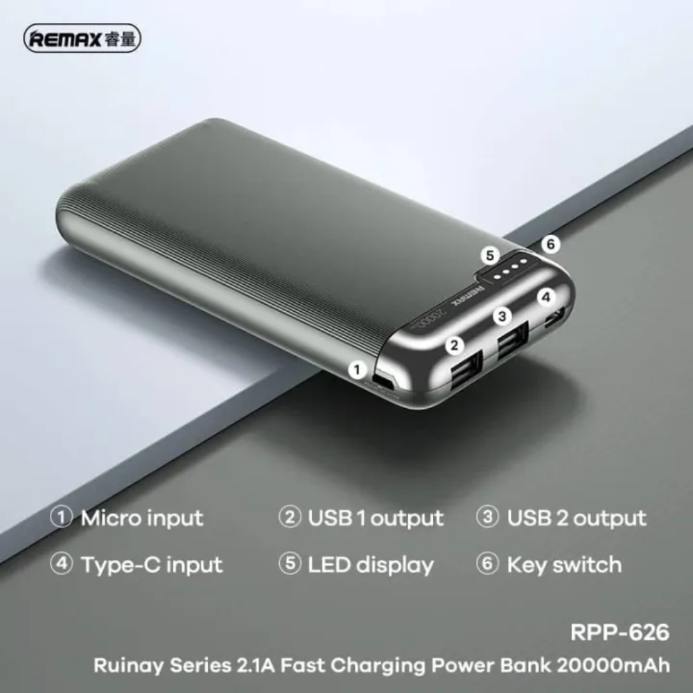 Remax rpp-626 power bank 20000mah ruinay series with 2.1a fast charging - cables & chargers | power bank