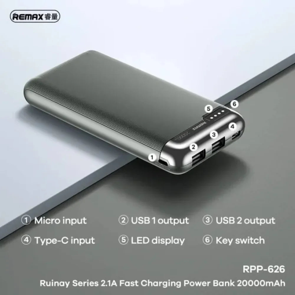 Remax rpp-626 power bank 20000mah ruinay series with 2.1a fast charging - cables & chargers | power bank