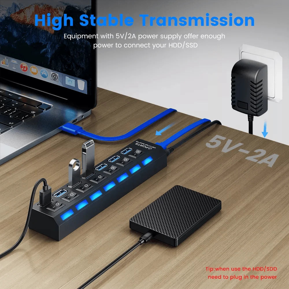 Usb 3.0 hub 7 port multi usb splitter with switch for pc home - cables & chargers | charging cables & adapters