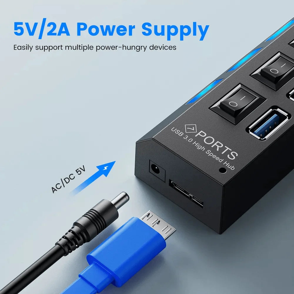 Usb 3.0 hub 7 port multi usb splitter with switch for pc home - cables & chargers | charging cables & adapters