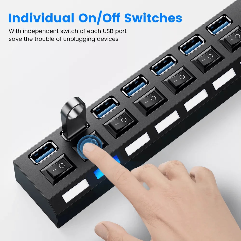 Usb 3.0 hub 7 port multi usb splitter with switch for pc home - cables & chargers | charging cables & adapters