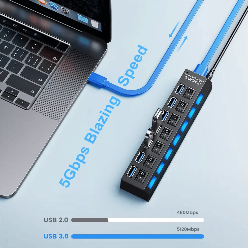 Usb 3.0 hub 7 port multi usb splitter with switch for pc home - cables & chargers | charging cables & adapters