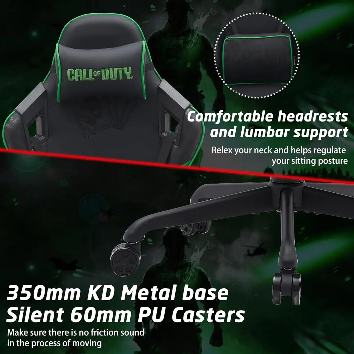 Call of Duty (cod) Gaming Chair with Adjustable 2d Armrest Rotating Head and Metal Base - Green/black