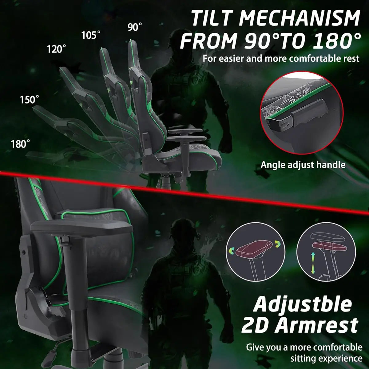 Call of Duty (cod) Gaming Chair with Adjustable 2d Armrest Rotating Head and Metal Base - Green/black