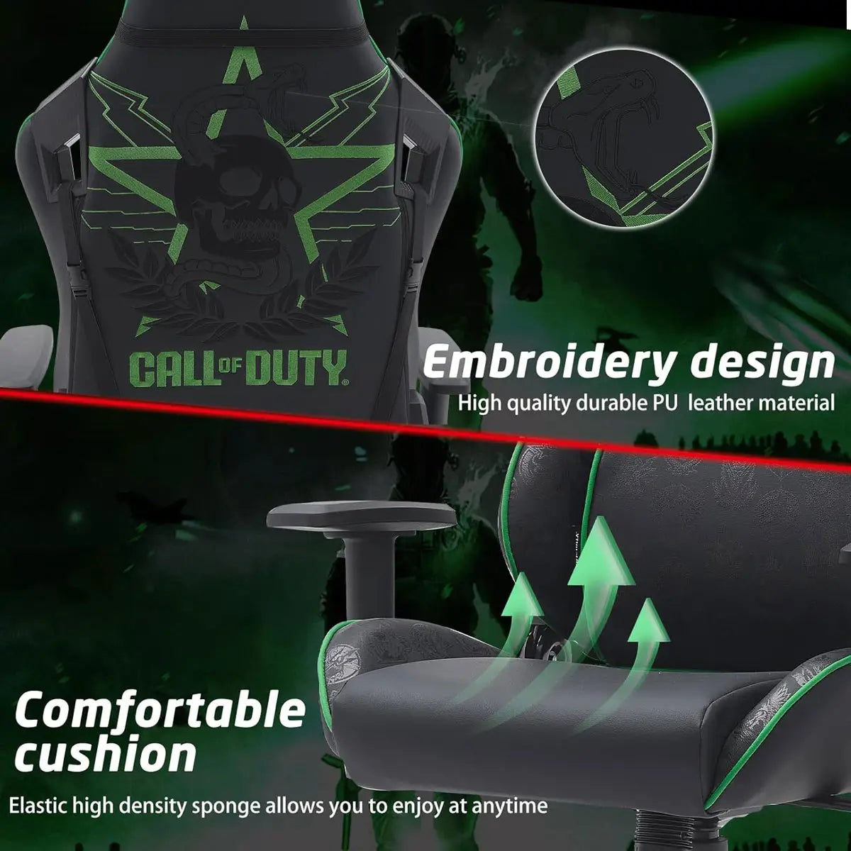 Call of Duty (cod) Gaming Chair with Adjustable 2d Armrest Rotating Head and Metal Base - Green/black
