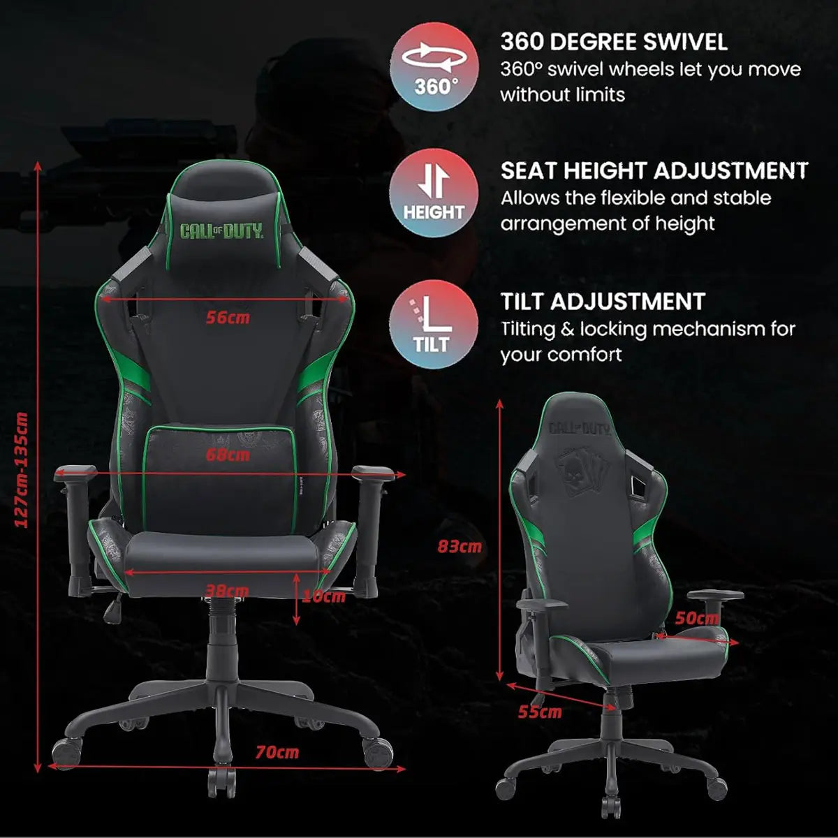Call of Duty (cod) Gaming Chair with Adjustable 2d Armrest Rotating Head and Metal Base - Green/black