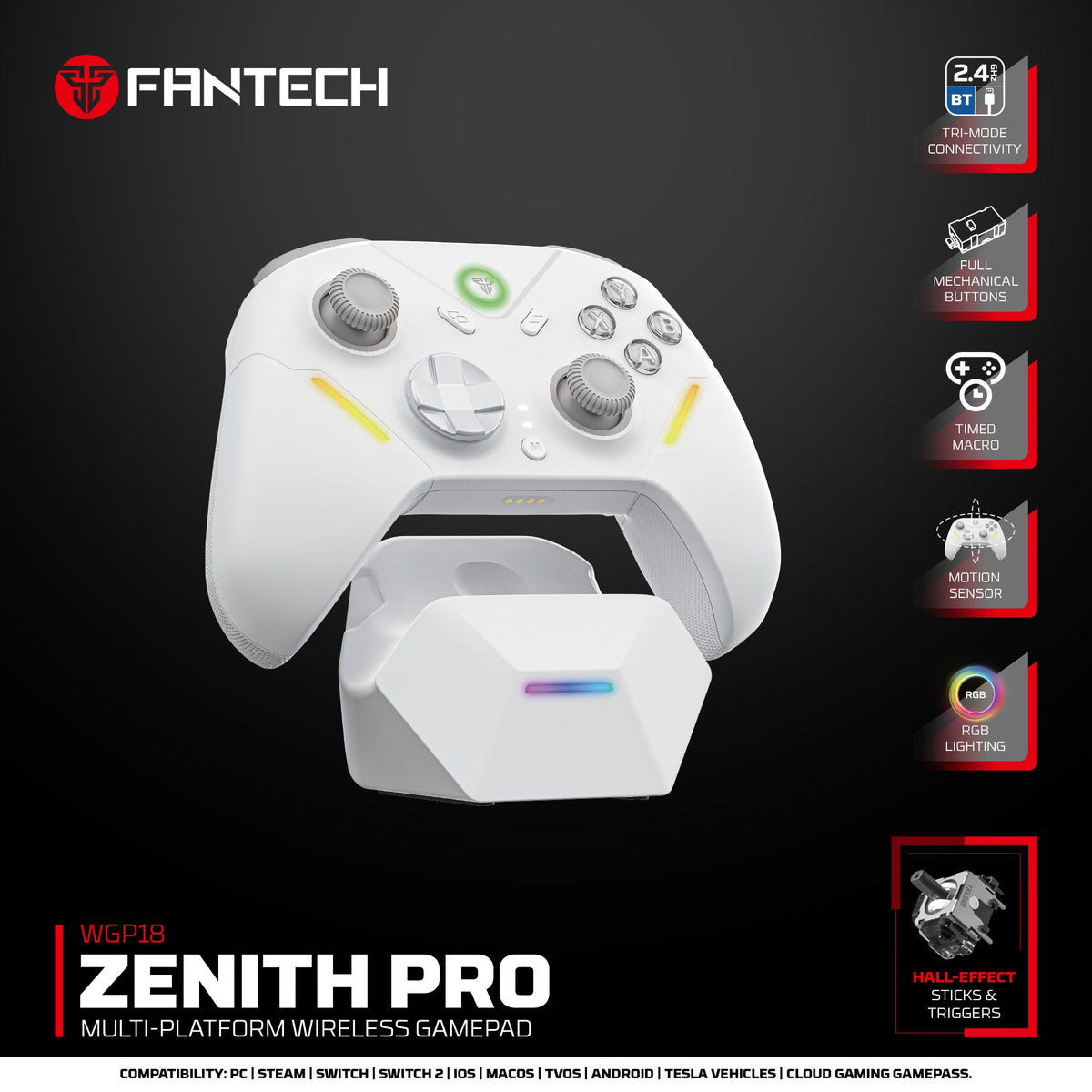 Fantech zenith pro wireless gamepad rgb multi-platform hall-effect game controller with charging dock - console