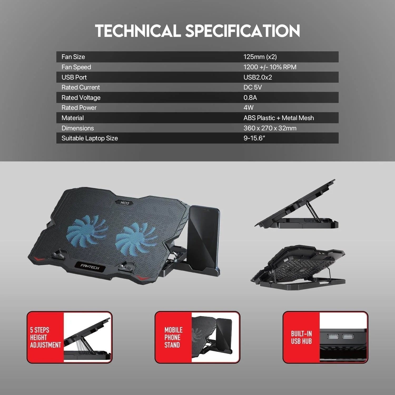 Fantech laptop cooler 15.6 inch nc12 with two fans for 9-15.6 inch laptops
