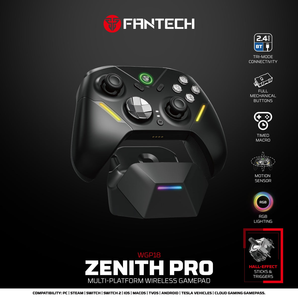 Fantech zenith pro wireless gamepad rgb multi-platform hall-effect game controller with charging dock - console