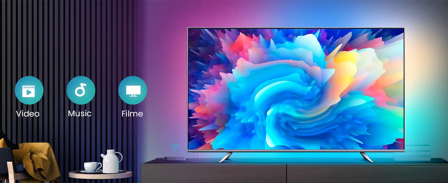 Smart TV displaying vibrant blue and pink swirling artwork, with ambient backlighting. Three circular icons for Video, Music, and Films visible.