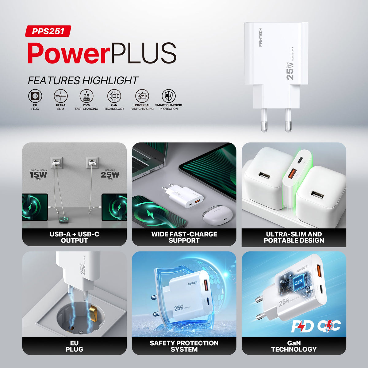 Fantech powerplus pps251 25w gan fast charger – dual-port usb-c & usb-a pd + qc wall charger ultra-slim compact design
