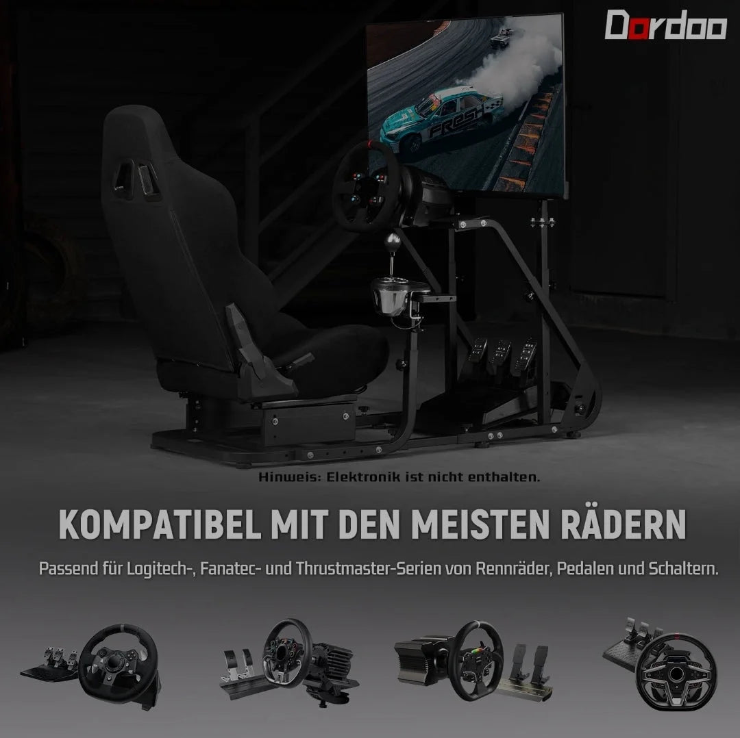 Dardoo racing simulator cockpit with monitor stand - tv mount&black seat fit for logitech g923 thrustmaster wheels