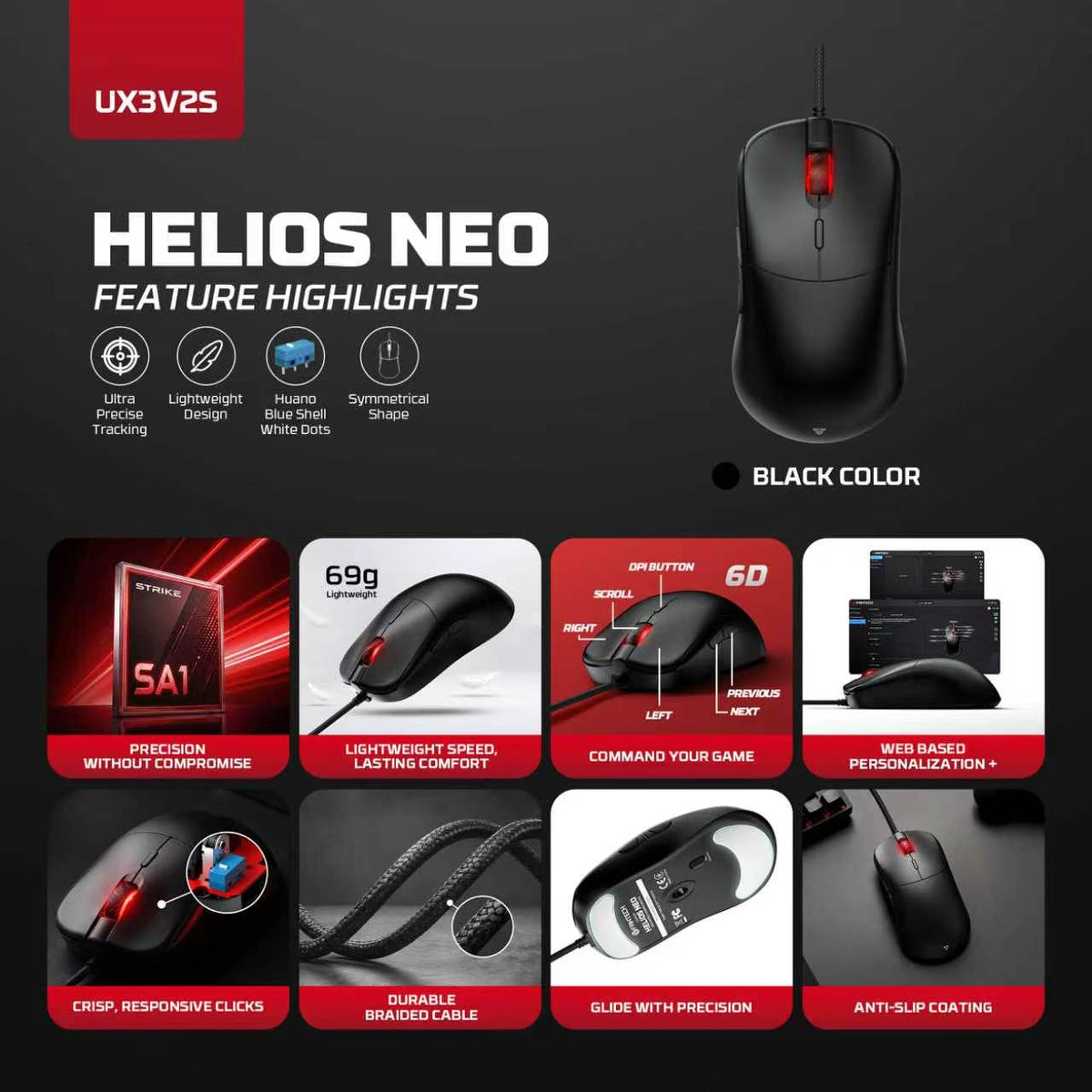 Fantech helios neo ux3v2s wired gaming mouse with rgb lighting 6d macro function 400-20000 adjustable dpi 20 million