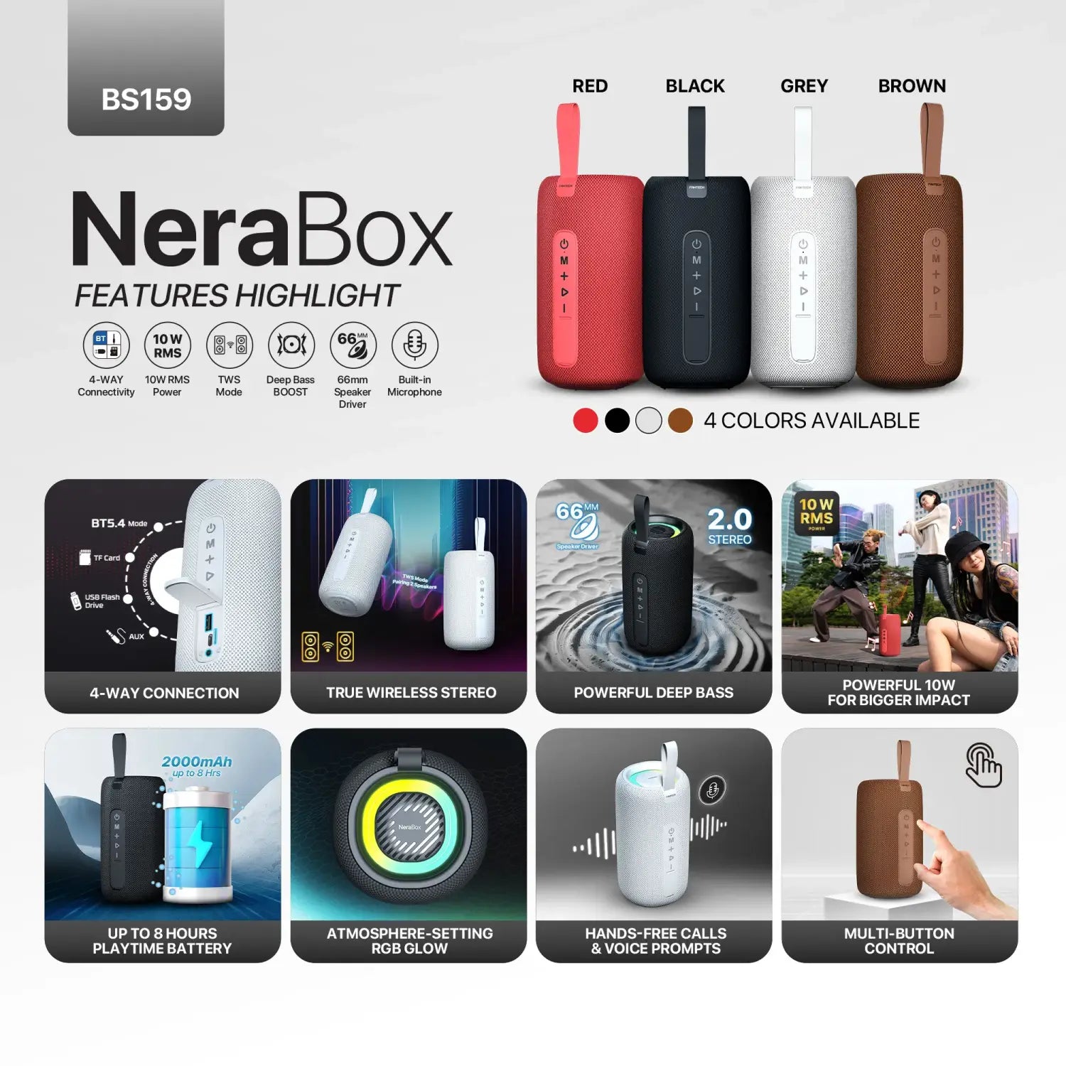 Fantech Bs159 True Wireless Rms Speaker Tws Deep Bass 10w 57mm Driver 4-way White