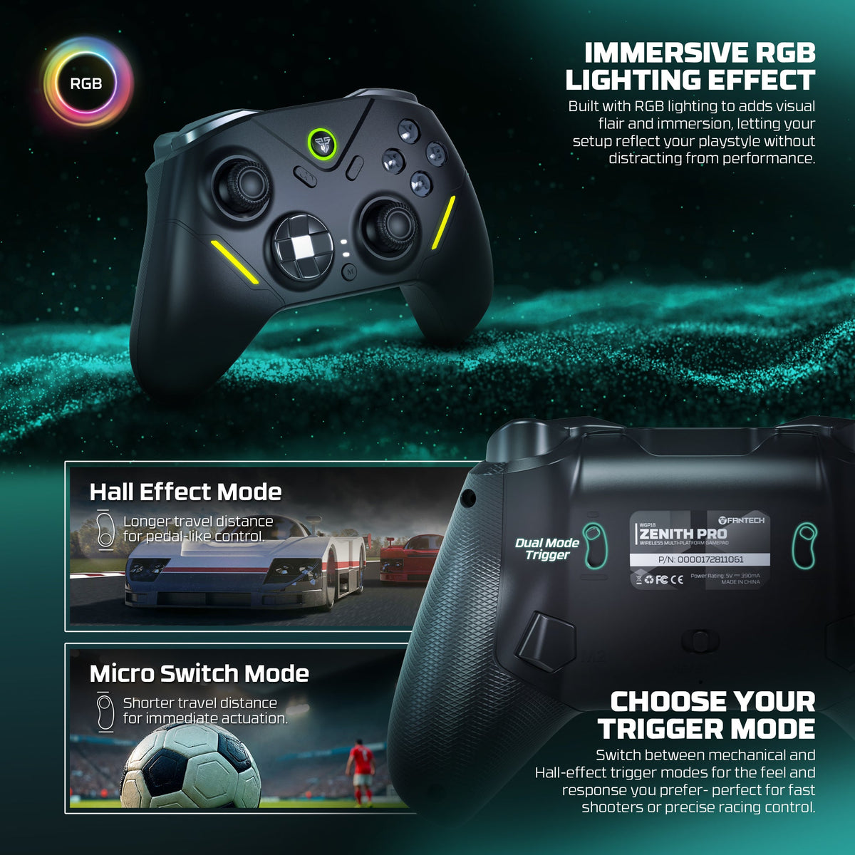 Fantech zenith pro wireless gamepad rgb multi-platform hall-effect game controller with charging dock - console