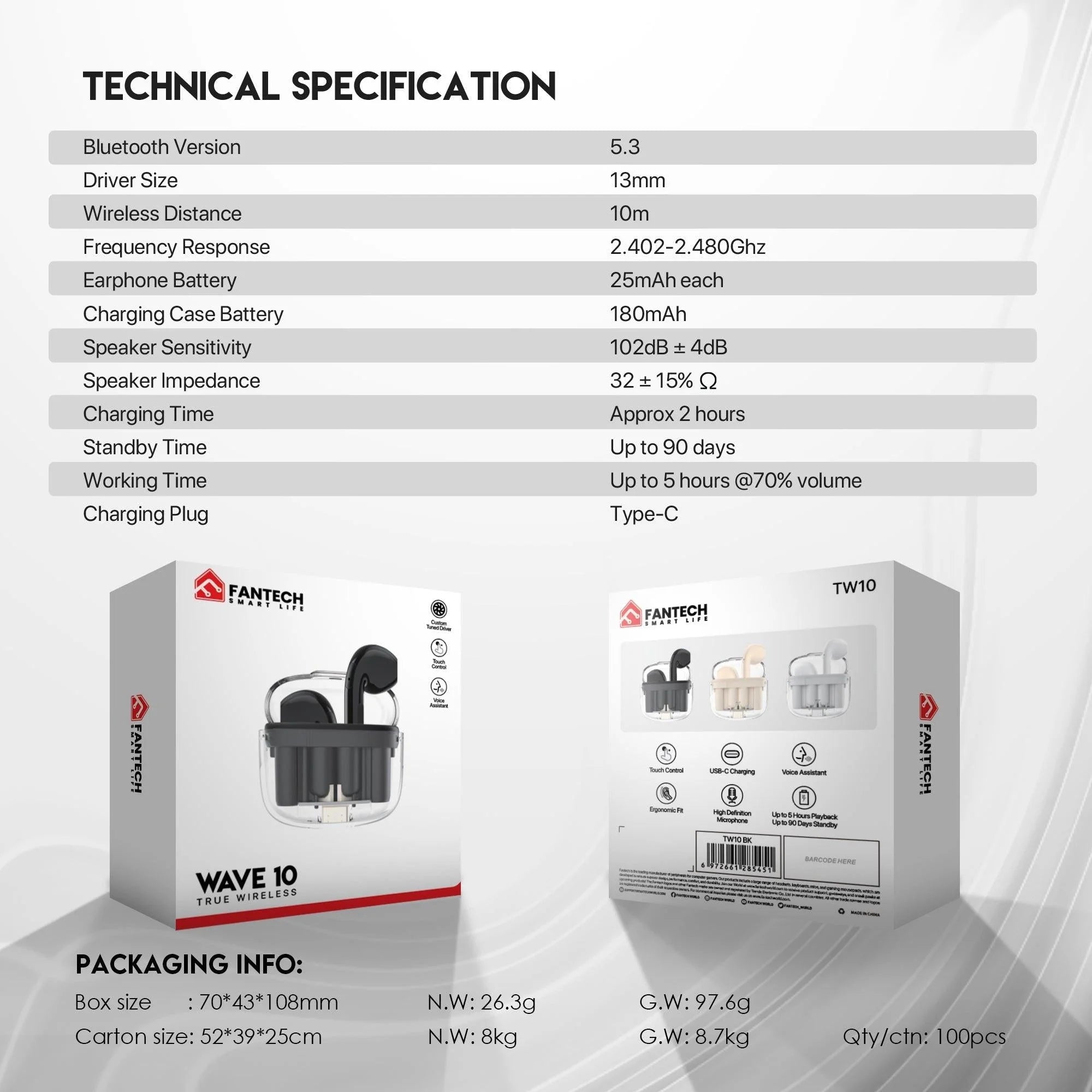 Fantech tws bluetooth earbuds wave 10 tw10 with built-in microphone - audio | earphone