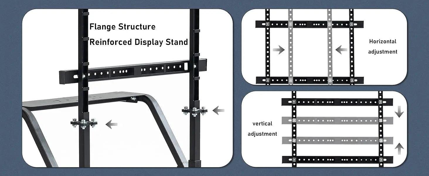 Technical diagram of a reinforced display stand, showing flange structure and horizontal/vertical adjustment options for mounting screens or displays.