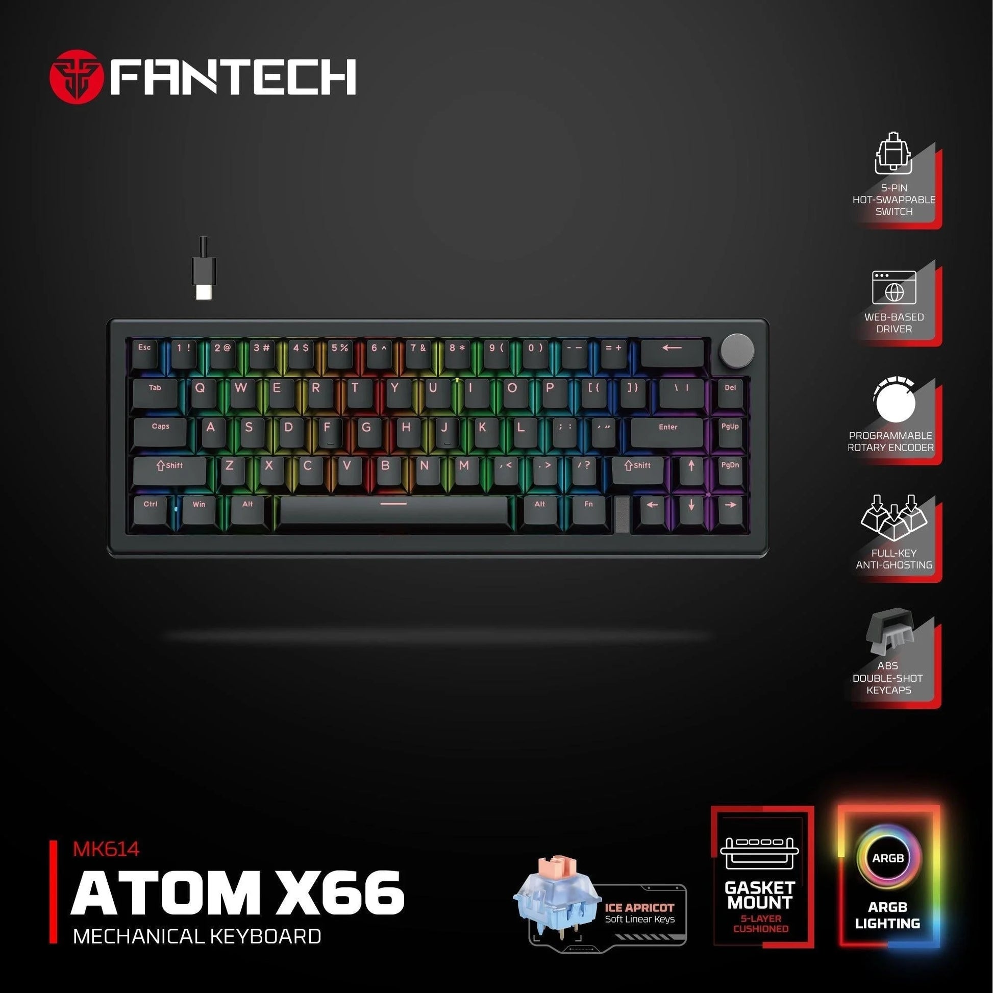 Fantech atom x66 mk614 mechanical keyboard - black