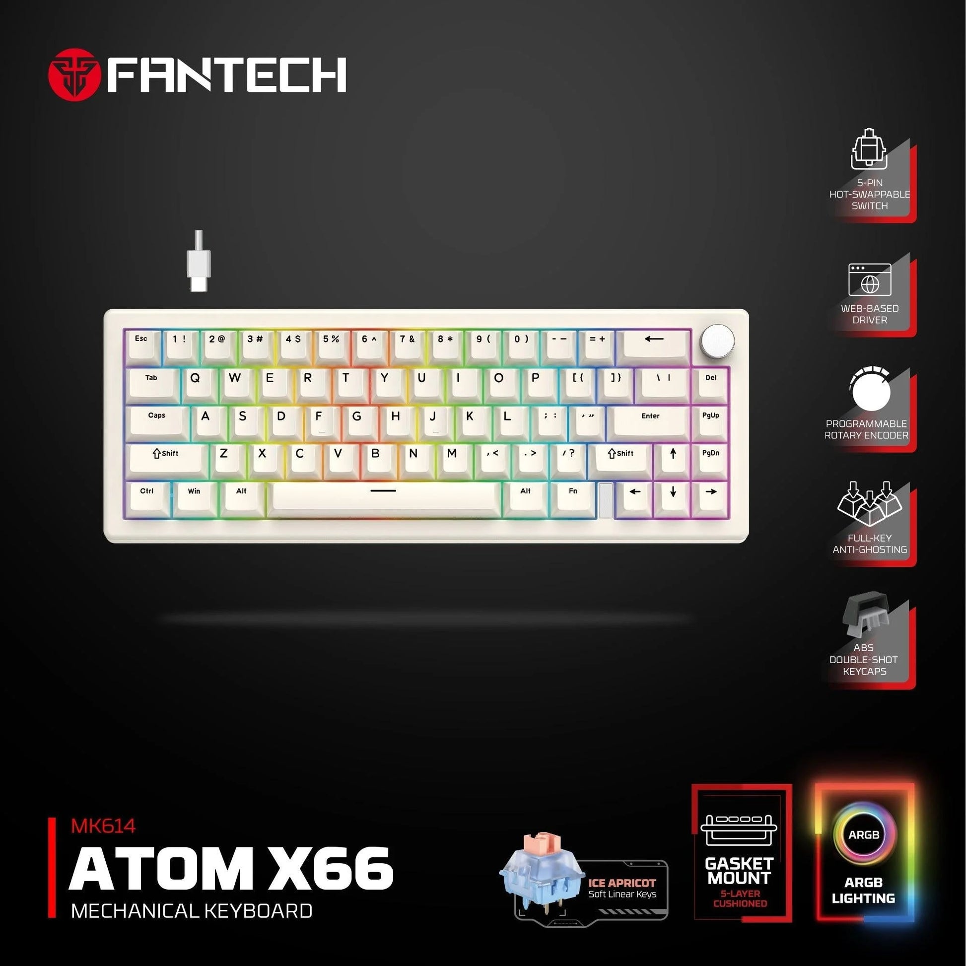 Fantech atom x66 mk614 mechanical keyboard - white