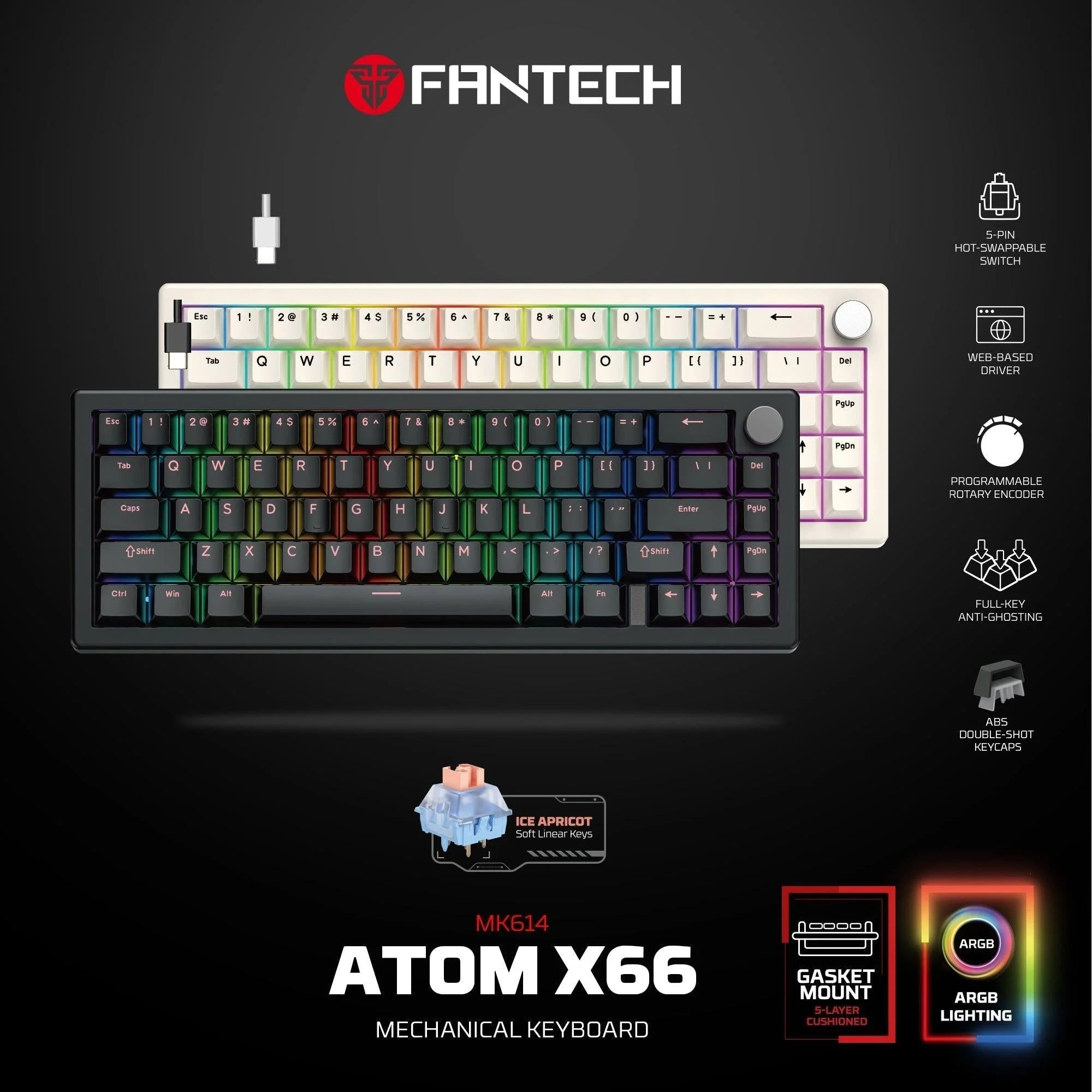 Fantech atom x66 mk614 mechanical keyboard - white