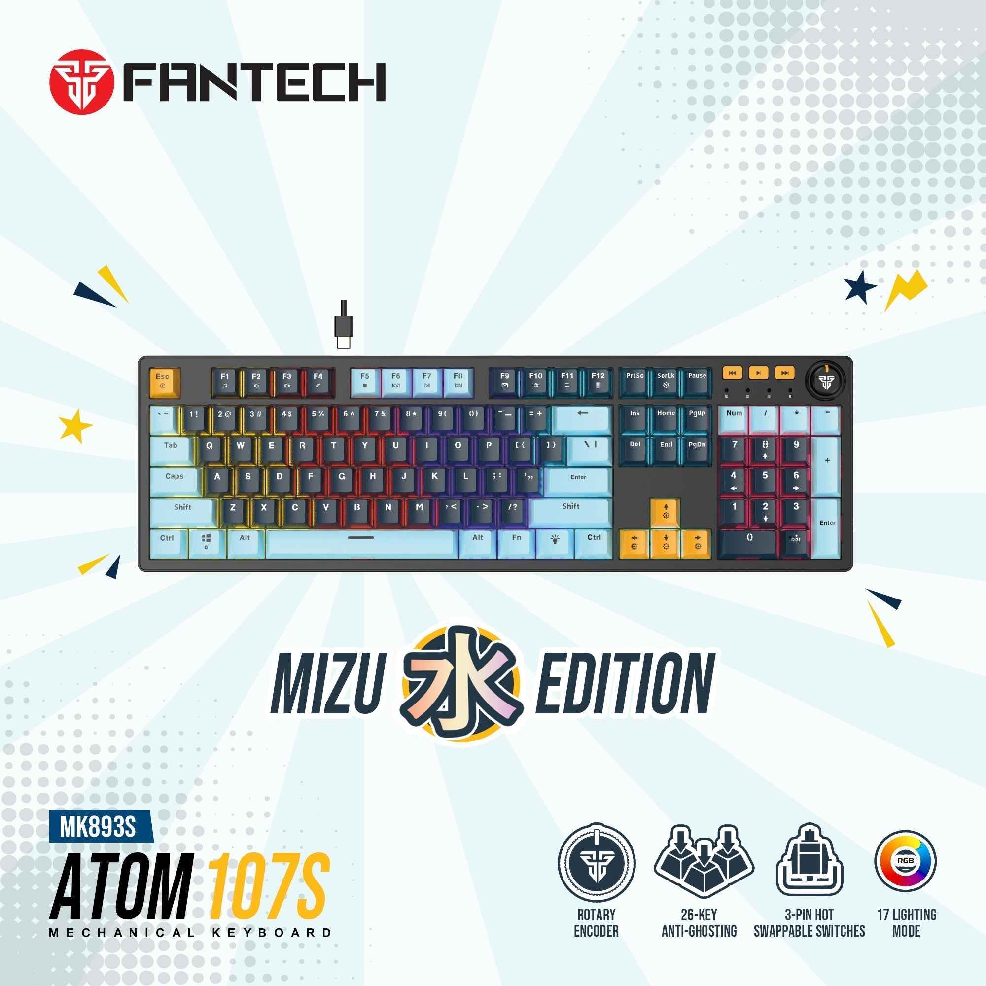 Fantech Atom107s Mk893s Mechanical Gaming Keyboard Mizu Edition Navy Blue