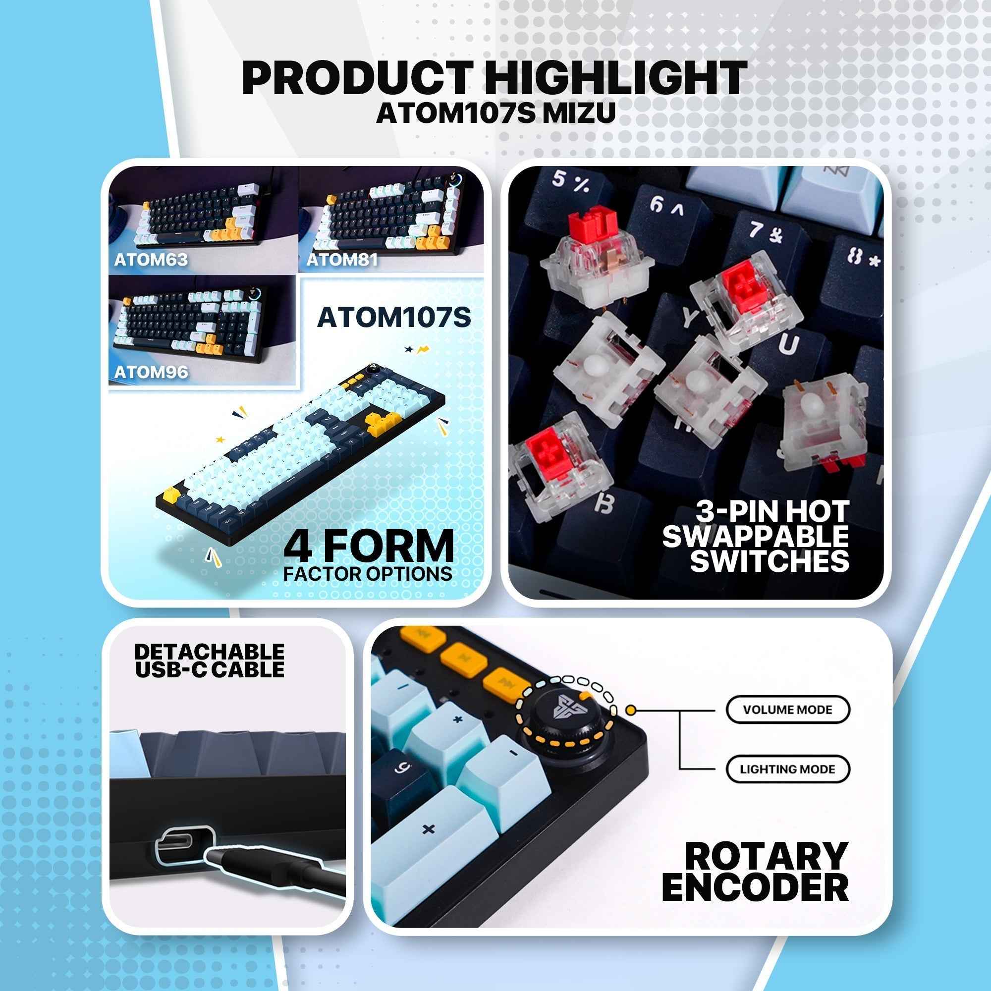 Fantech Atom107s Mk893s Mechanical Gaming Keyboard Mizu Edition Sky Blue