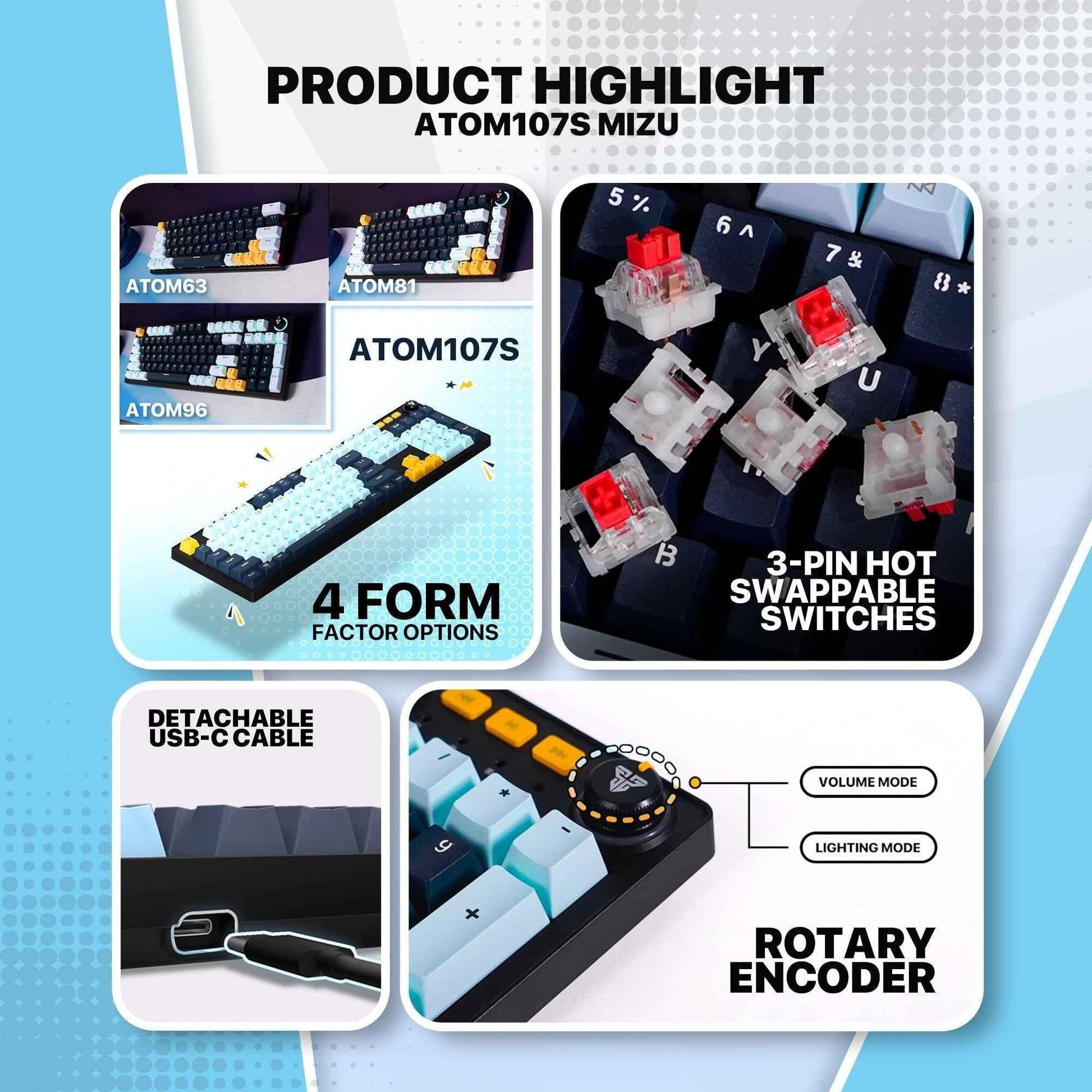 Fantech atom107s mk893s mechanical keyboard mizu edition sky blue for ultimate performance and style - keyboard