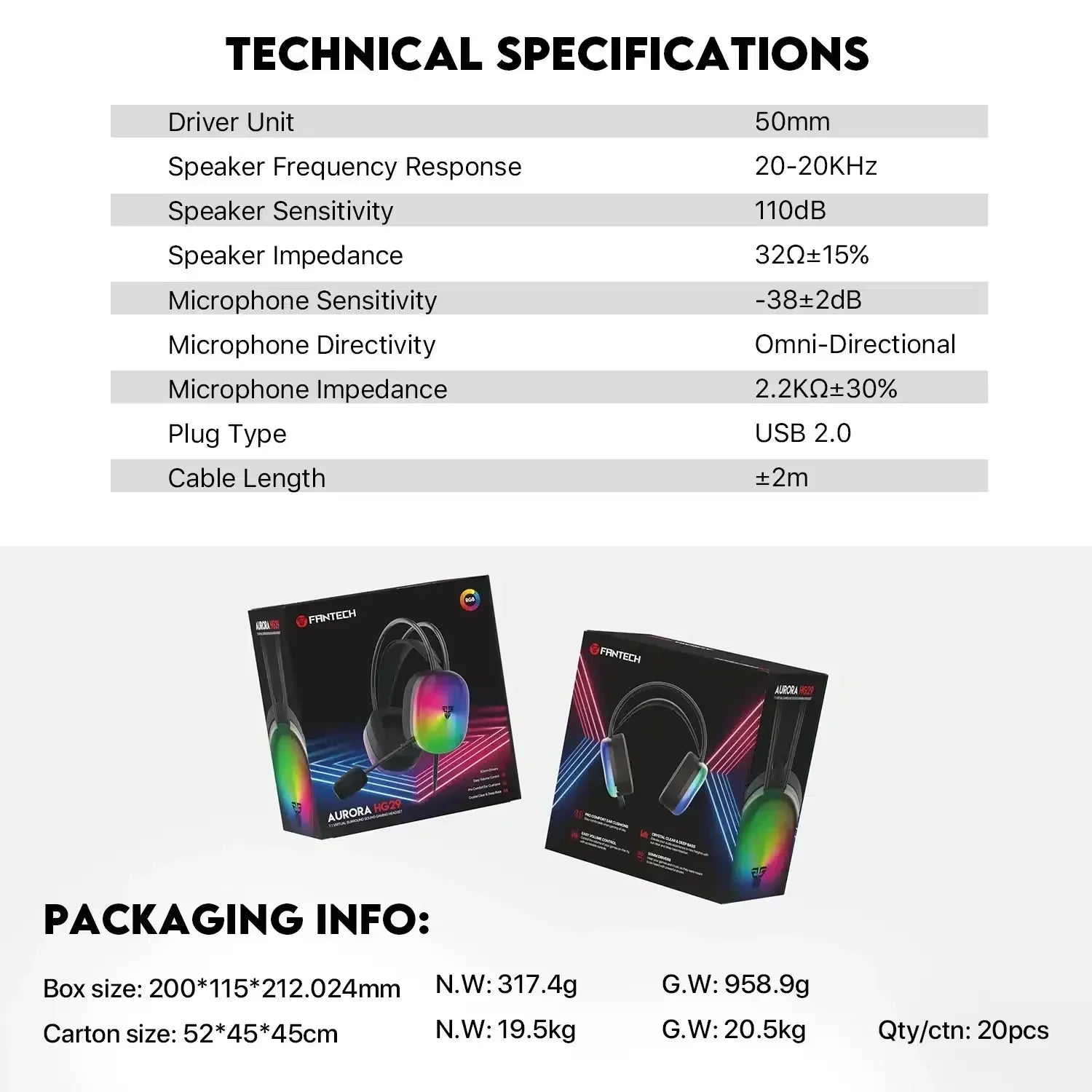 Fantech aurora hg29 gaming headset - 7.1 virtual surround sound with rgb lights - headsets