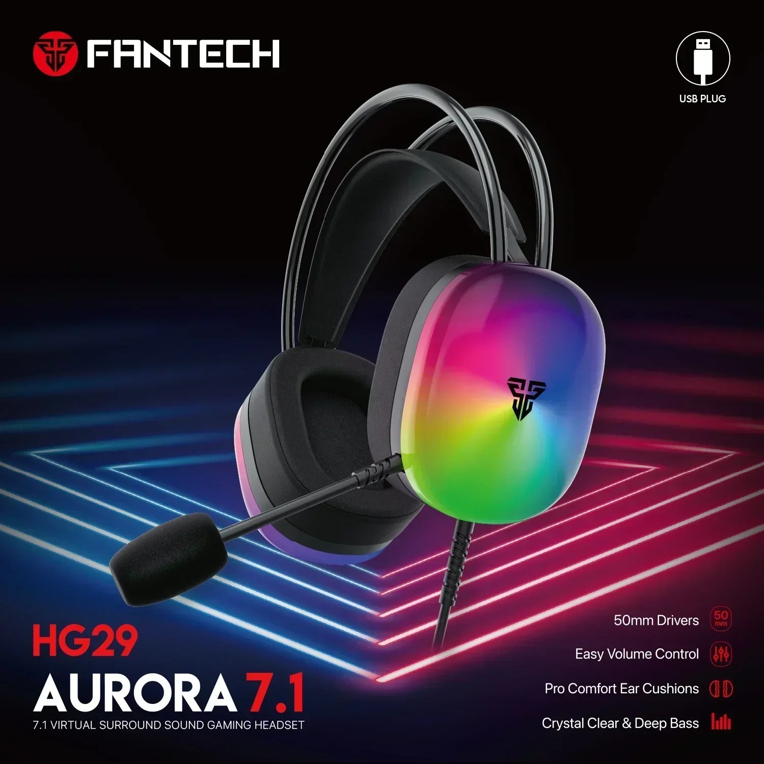 Fantech aurora hg29 gaming headset - 7.1 virtual surround sound with rgb lights - headsets