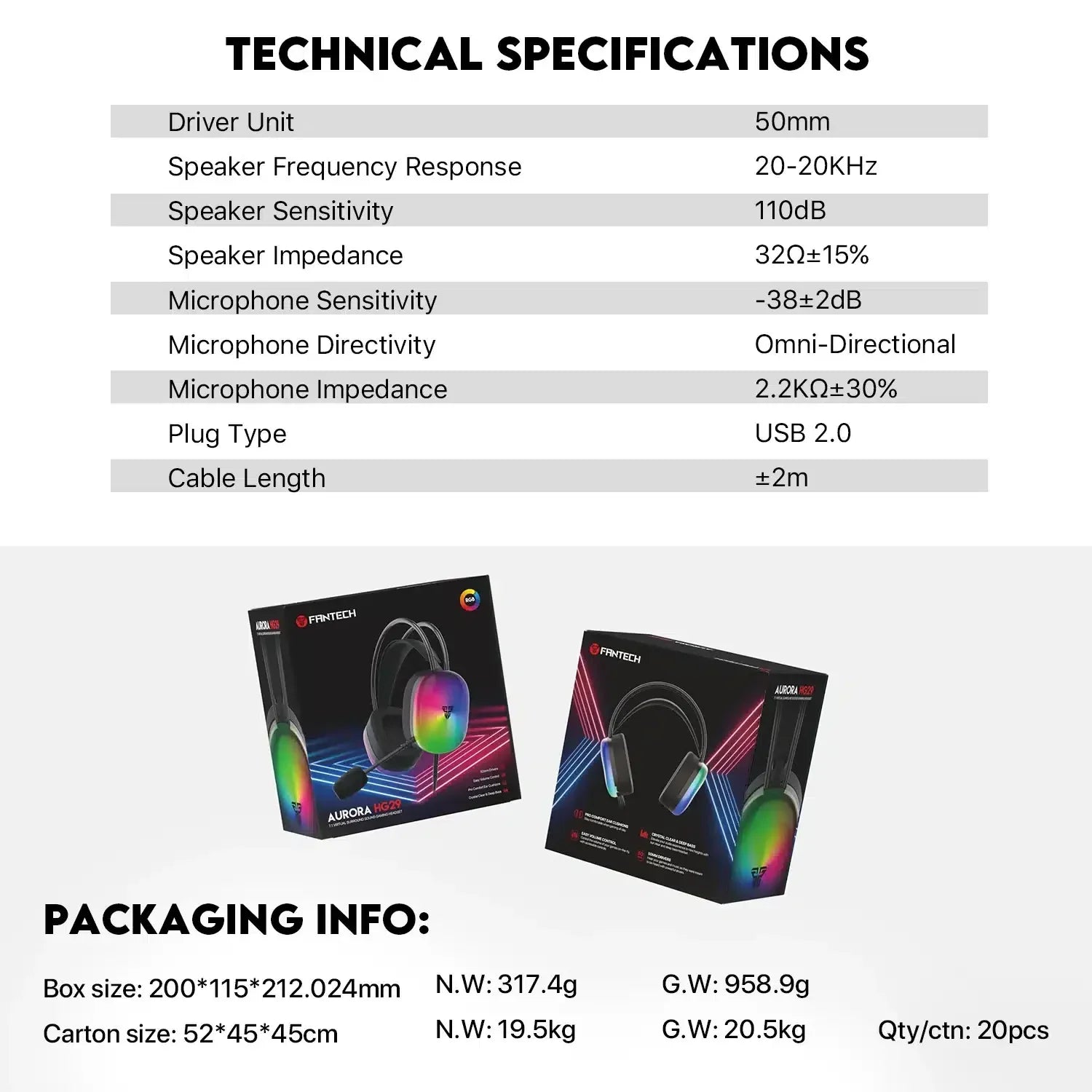Fantech aurora hg29 gaming headset - 7.1 virtual surround sound with rgb lights - headsets