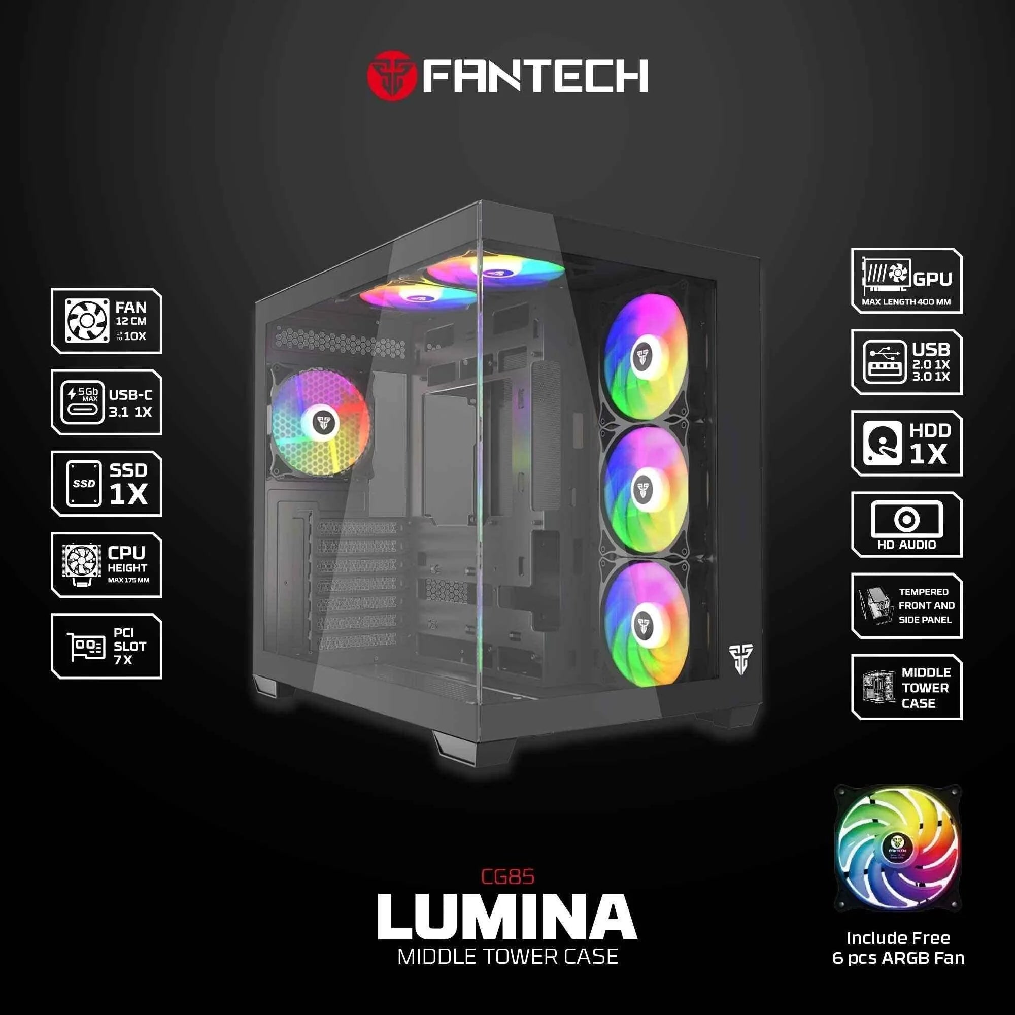 Fantech cg85 lumina mid tower gaming case - black - tower case & monitor