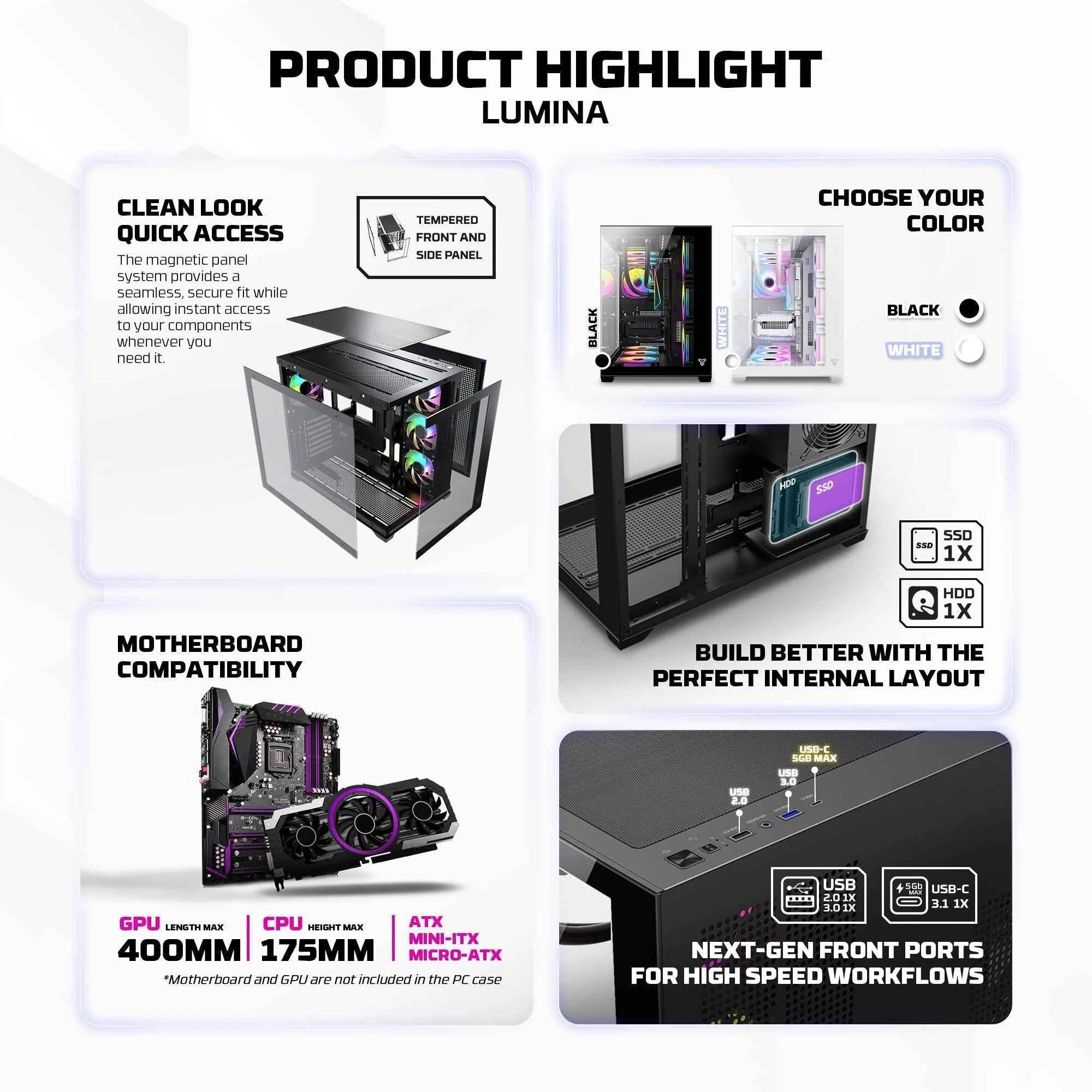 Fantech cg85 lumina mid tower gaming case - black - tower case & monitor