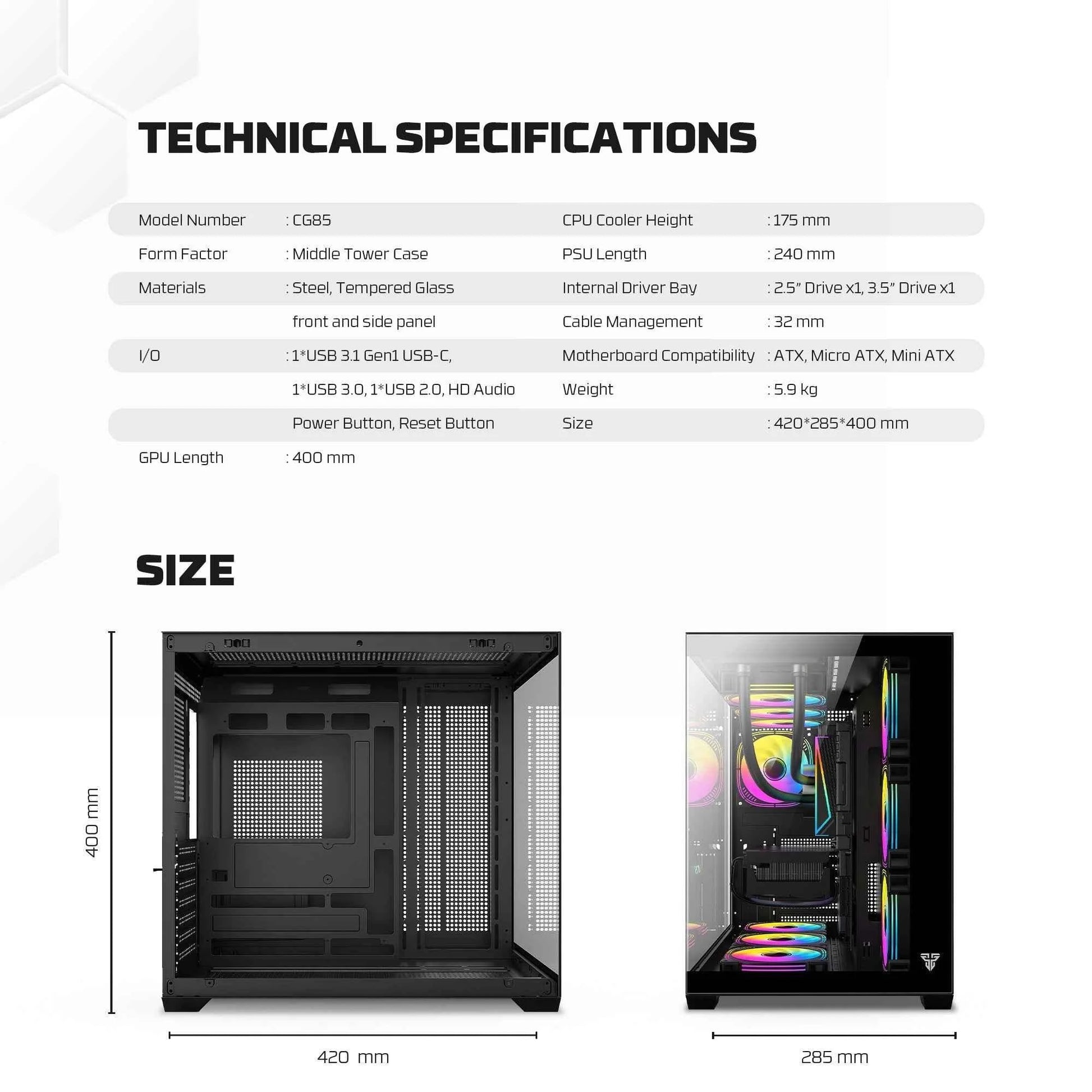 Fantech cg85 lumina mid tower gaming case - black - tower case & monitor