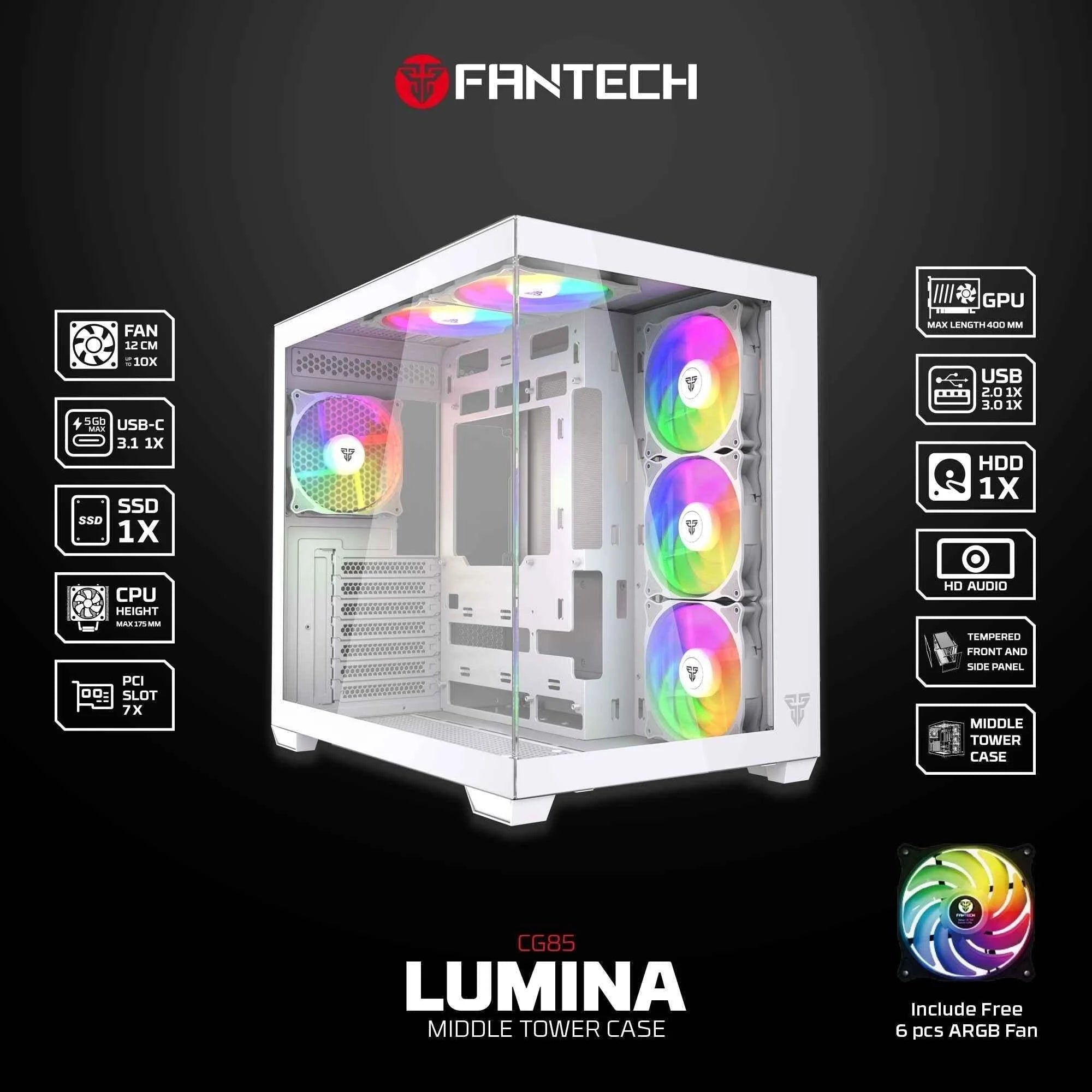 Fantech cg85 lumina mid tower gaming case - white - case