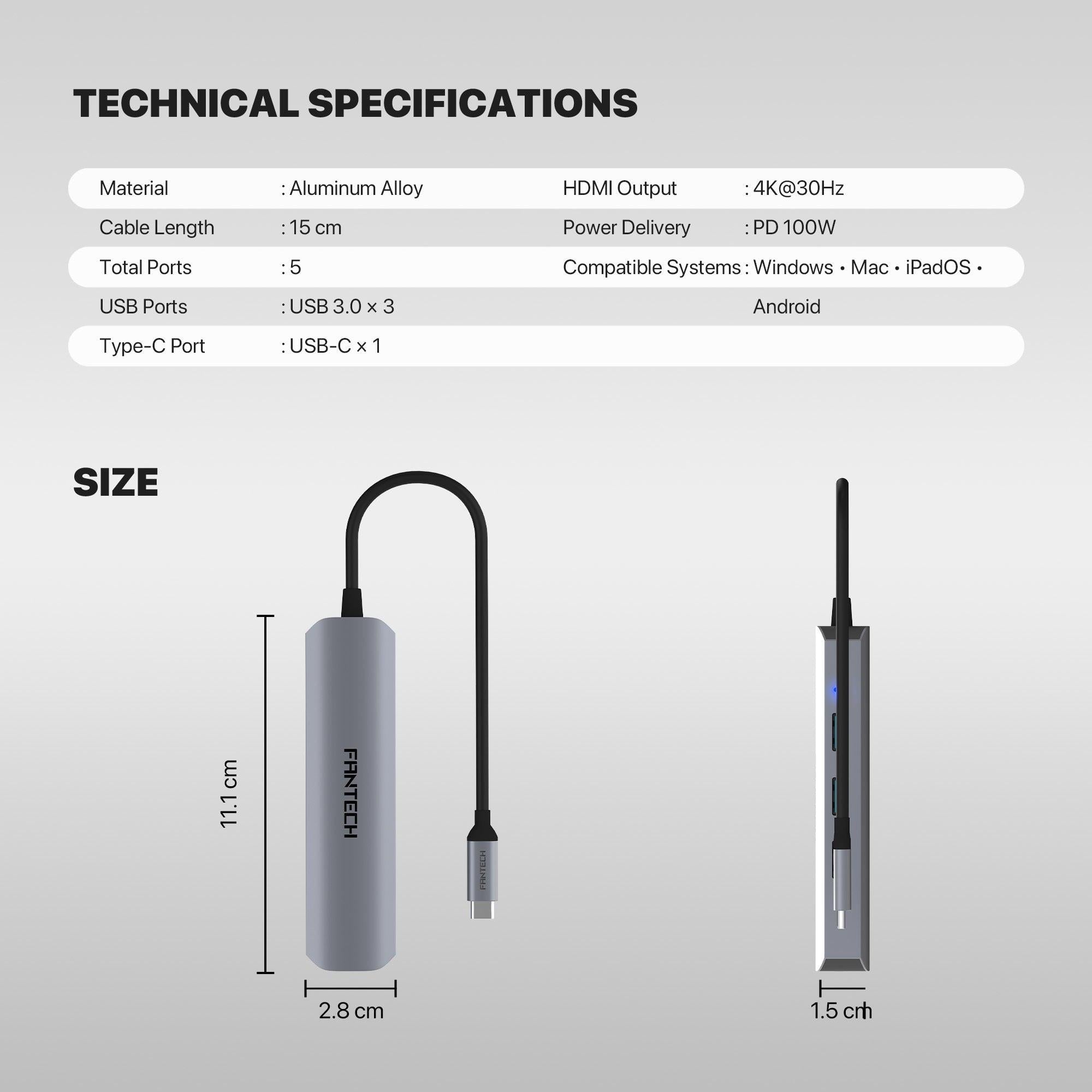 FANTECH HC052 Converter USB Hub Type C 5 in 1.