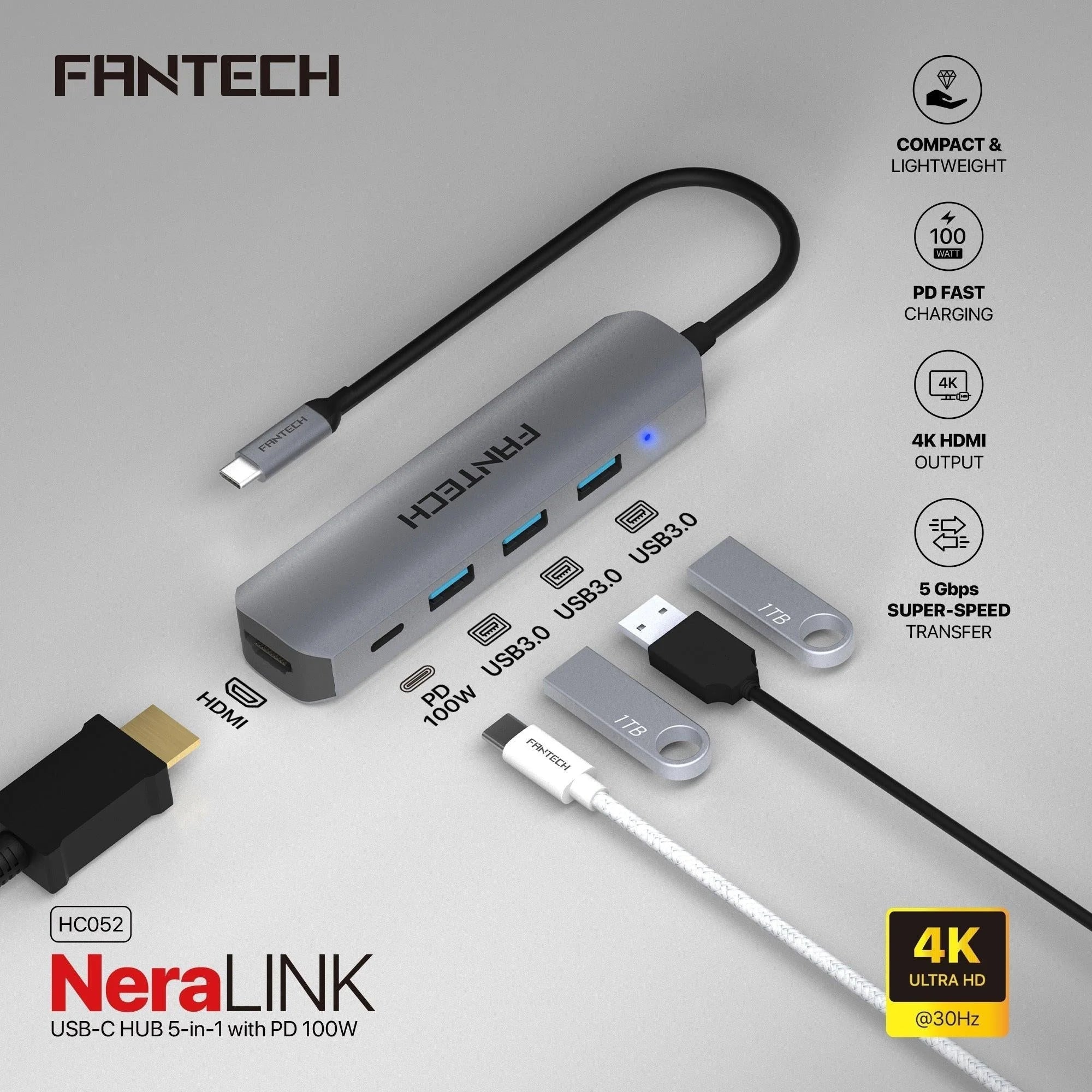 Fantech hc052 converter usb hub type c 5 in 1