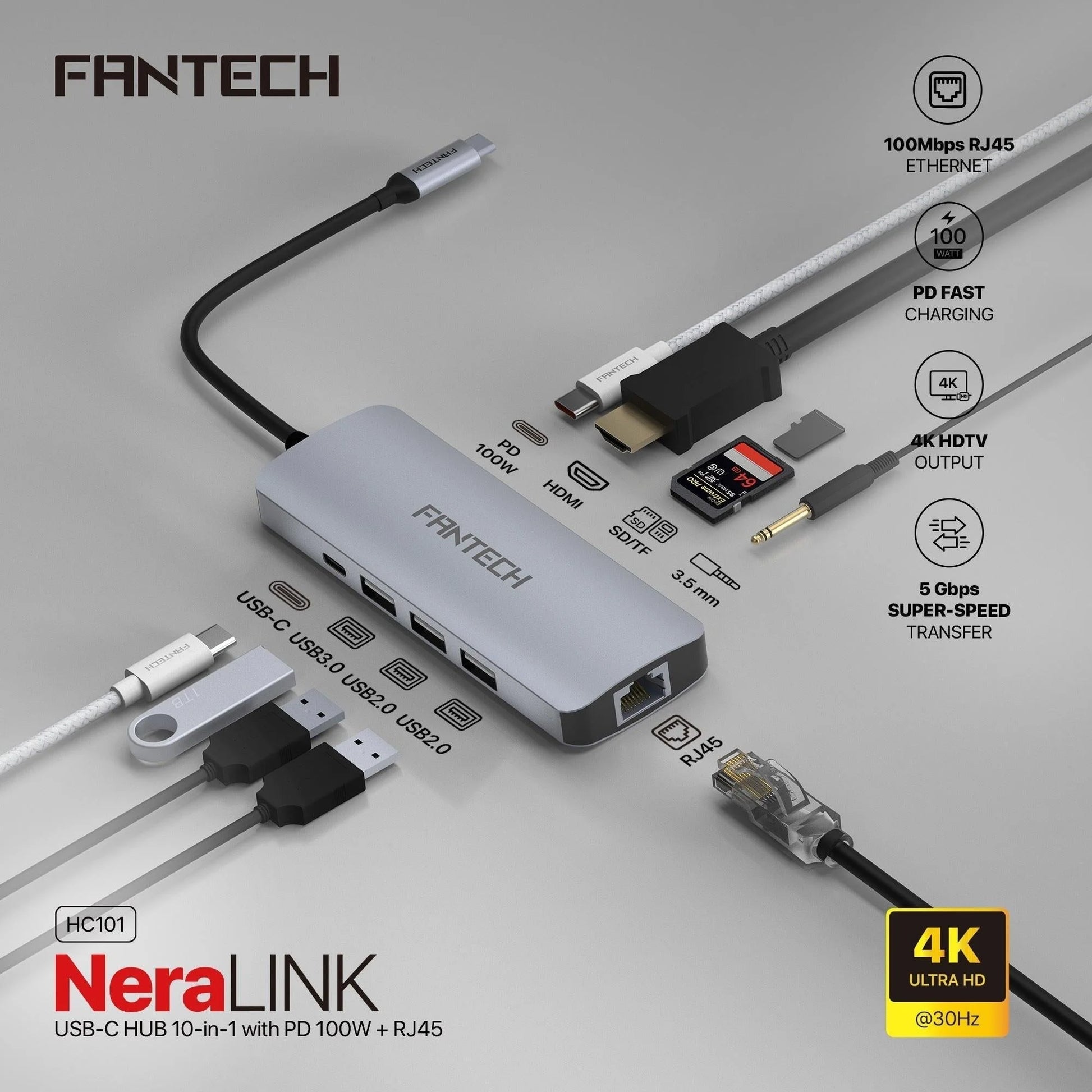 Fantech hc101 converter usb hub type c 10 in 1 - cables & chargers | charging cables & adapters